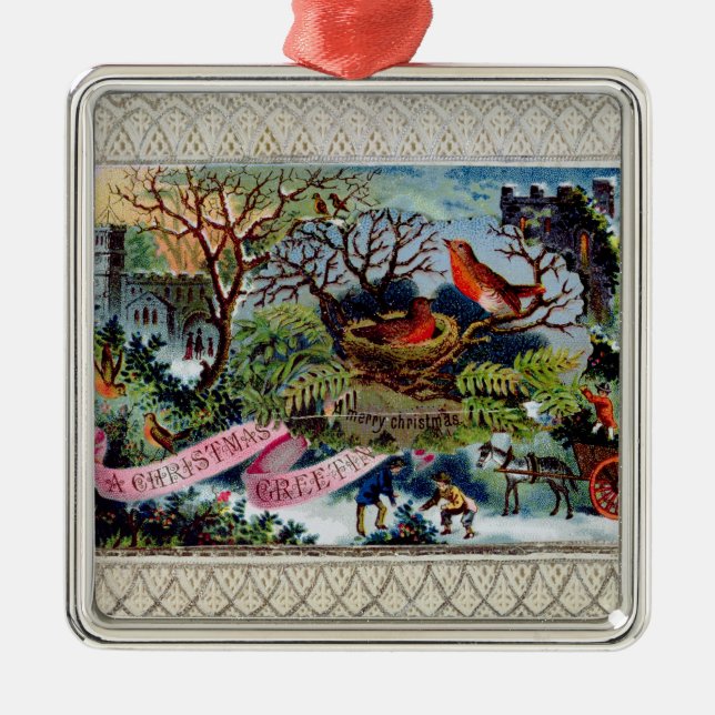 Jul hälsning, Victorianvykort Julgransprydnad Metall (Framsidan)