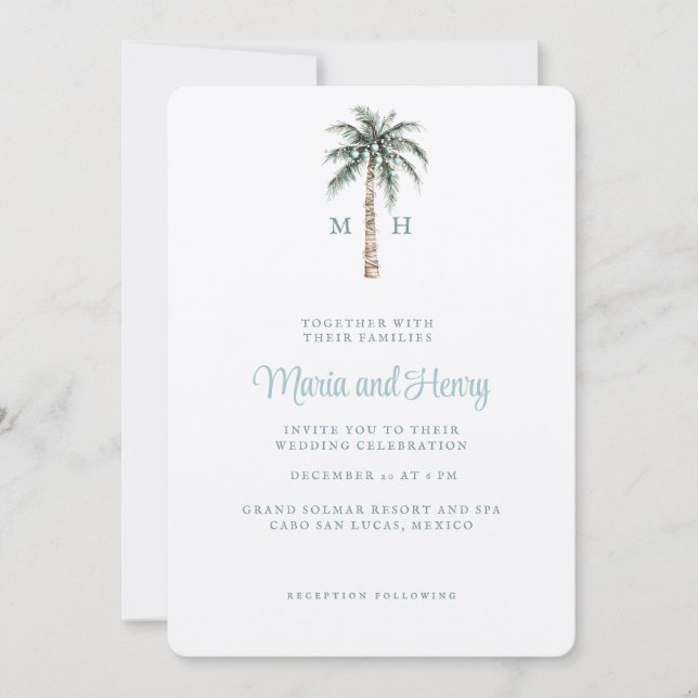Jul Handflatan Träd | Beach Wedding Monogram Inbjudningar (Framsida)