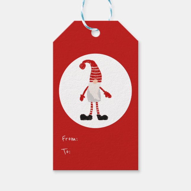 Jul Handritad Gnome Nordisk Mönster Röd Grå Presentetikett (Framsidan)