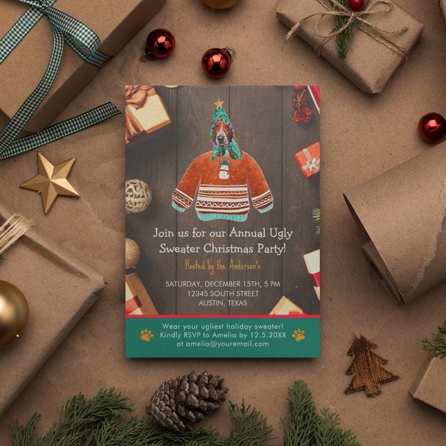 Jul Helgdag Basset Hound Ugly Sweater Party Inbjudningar (Front)