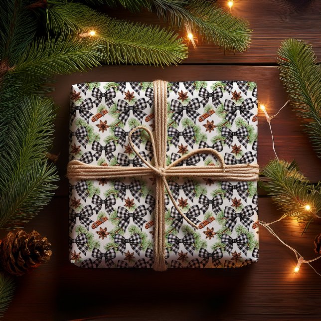 Jul Helgdag Black White Gingham Check Bows Presentpapper (Christmas Holiday Black White Gingham Checks Bows | Pine Evergreens and Star Anise Wrapping Paper)