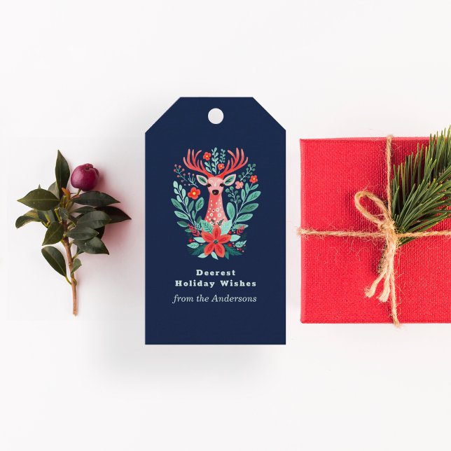 Jul Helgdag Blue Reindeer Botanical Presentetikett (Skapare uppladdad)