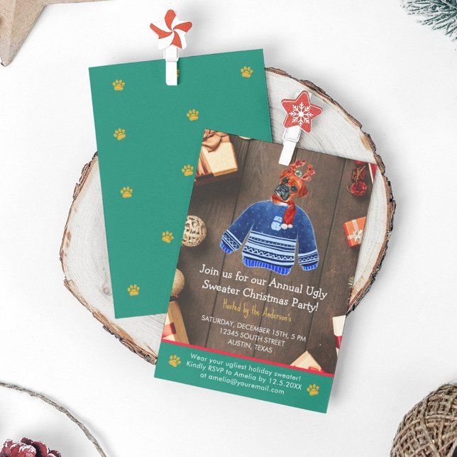 Jul Helgdag Boxer Hund Ugly Sweater Party Inbjudningar (Front and Back)