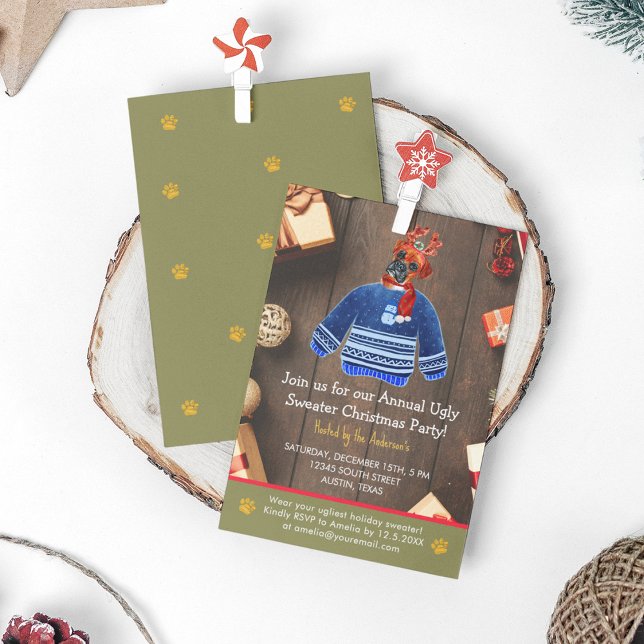Jul Helgdag Boxer Hund Ugly Sweater Party Inbjudningar (Front and Back)