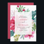 Jul Helgdag Bröllop | Bright-Blommigt Inbjudningar<br><div class="desc">Den här snyggten och eleganten av julbröllopsinbjudan till helgdag bröllop eller vintern har en trendig vattenfärgad blommigt buquet på en skarp vit bakgrund. En blandning av poinsettiska blommor, hullbär och löv är färgad i höggradiga skuggor av rött, rosa, grönt, och blått. Baksidan av inbjudan är en färglös, rosaftig röd färg....</div>