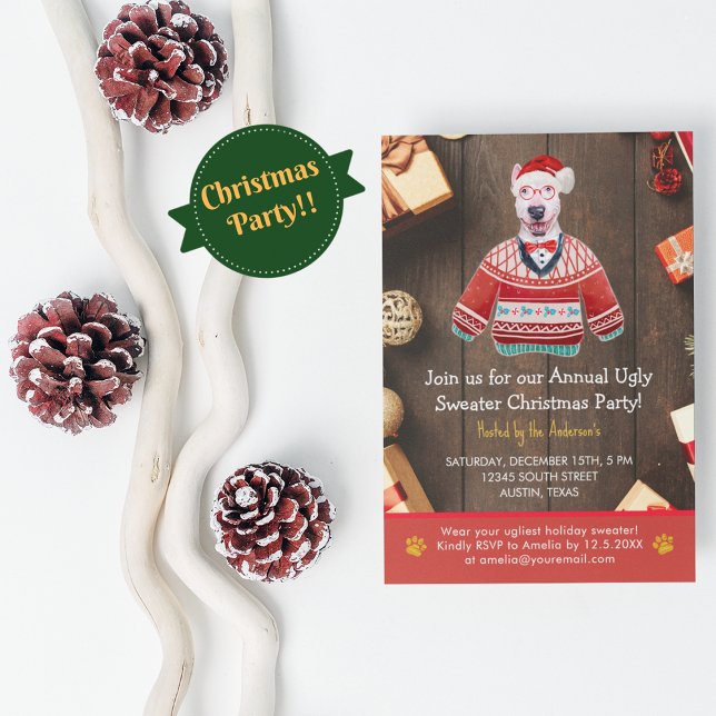 Jul Helgdag Bull Terrier Ugly Sweater Party Inbjudningar (Front)
