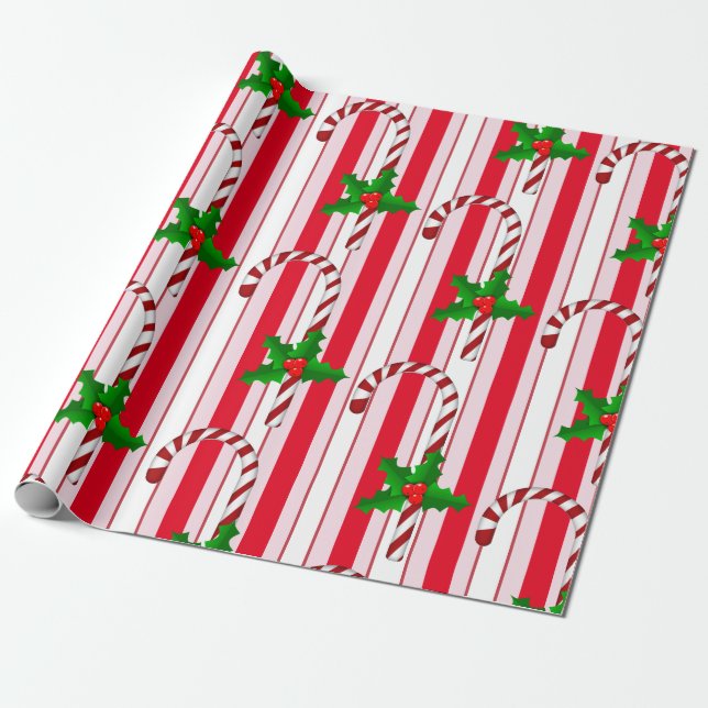 Jul Helgdag Candy cane Rand Holly Mönster Presentpapper (Utrullad)