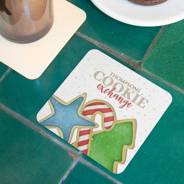 Jul Helgdag Cute Whimsical Cookie Cutout Roligt Underlägg Papper Kvadrat (Christmas cookies holiday Paper whimsical coaster)