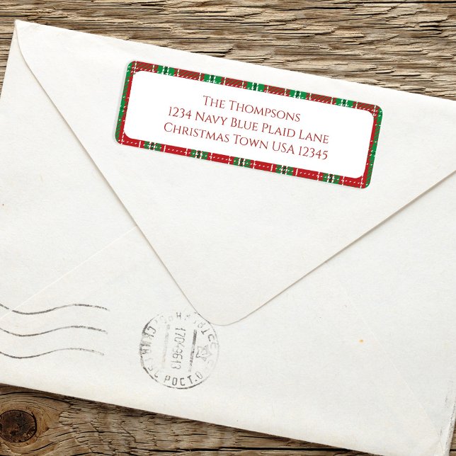 Jul-Helgdag enkel röd Grönt Festive Play Returadress Etikett (Christmas Holiday red and green plaid patterned return address label. )