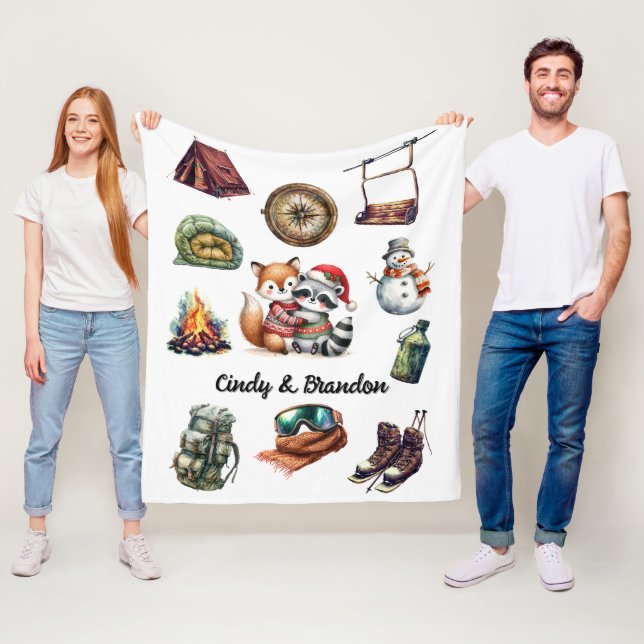 Jul Helgdag Ett par utomhus Fox Raccoon White Fleecefilt (På plats)