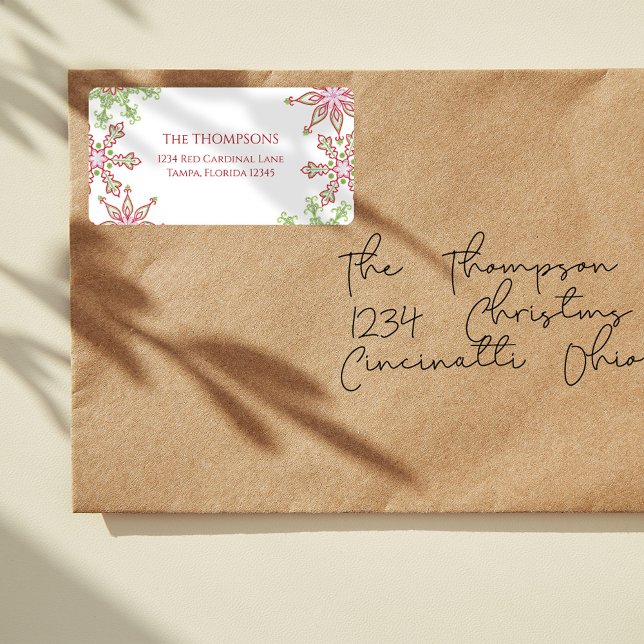 Jul Helgdag Färgfläckig Cute Winter Snowflake Adressetikett (Christmas colorful whimsical red and green snowflakes return address label. )