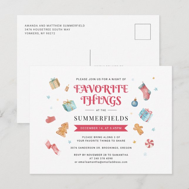 Jul Helgdag Favorite Sak Gift Swap Party Inbjudan Vykort (Fram/baksida)