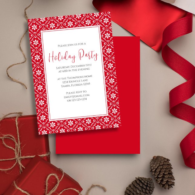 Jul Helgdag Festive Red Simple Snowflake Inbjudningar (Christmas holiday party red snowflake pattern and stylish calligraphy invitation)