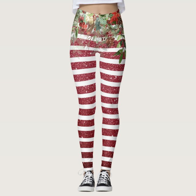 Jul Helgdag Glitter Gräs Poinsettia Red Leggings (Framsida)