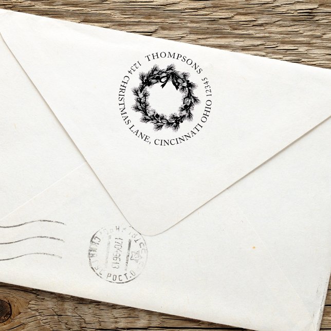 Jul Helgdag Greenery Wandey Returadress Självfärgande Stämpel (Christmas holiday greenery simple wreath return address self inking stamp.)
