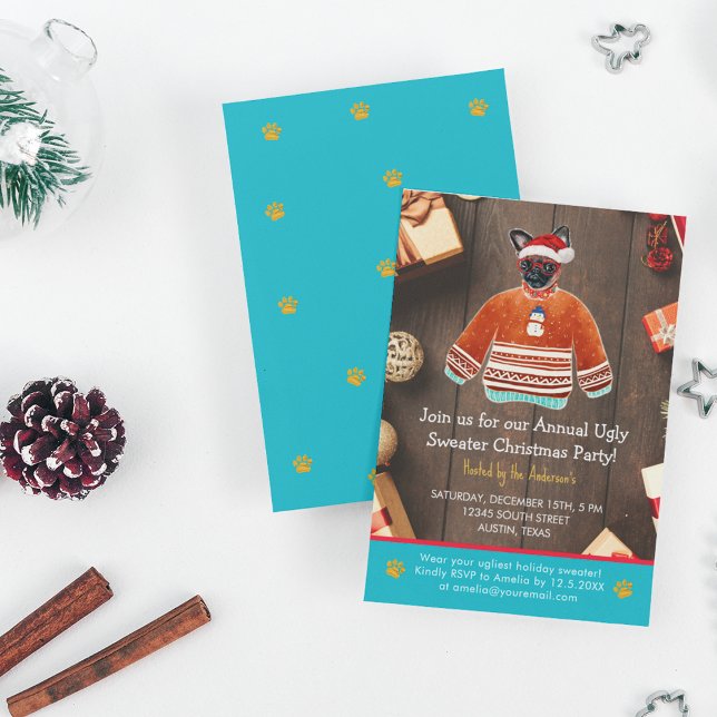 Jul Helgdag Griffon Hund Ugly Sweater Party Inbjudningar (Front and Back)