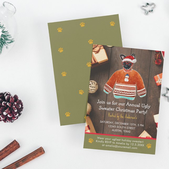 Jul Helgdag Griffon Hund Ugly Sweater Party Inbjudningar (Front and Back)