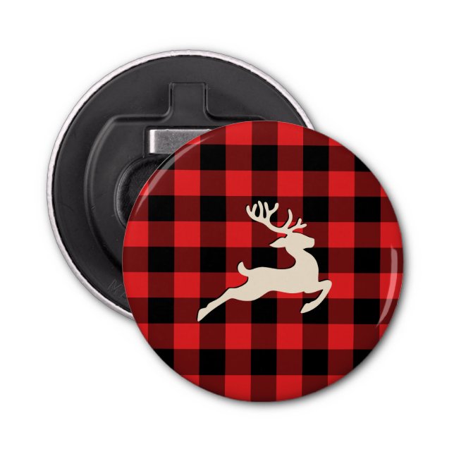 Jul Helgdag Hjort Antlers Red Black Gingham Flasköppnare (Framsidan)