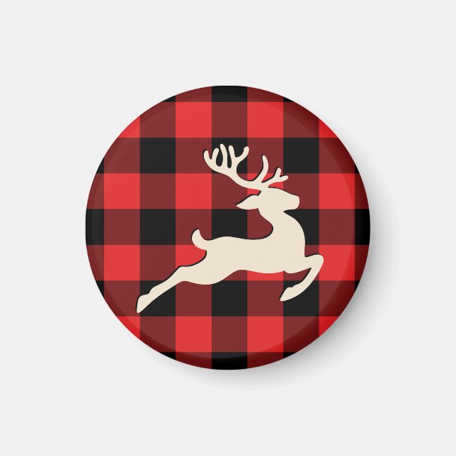 Jul Helgdag Hjort Antlers Red Black Gingham Magnet (Framsidan)