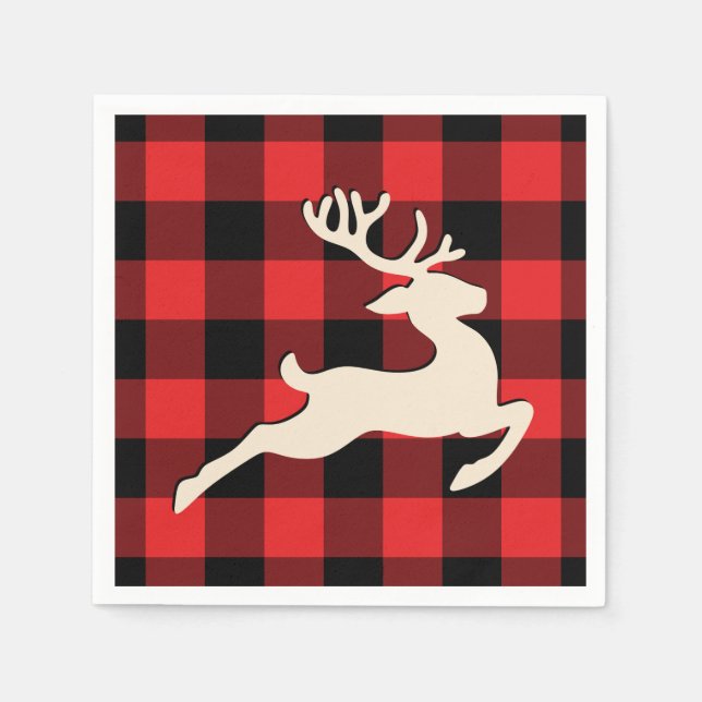 Jul Helgdag Hjort Antlers Red Black Gingham Pappersservett (Framsidan)