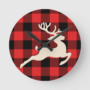 Jul Helgdag Hjort Antlers Red Black Gingham Rund Klocka