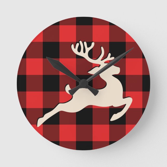 Jul Helgdag Hjort Antlers Red Black Gingham Rund Klocka (Framsida)