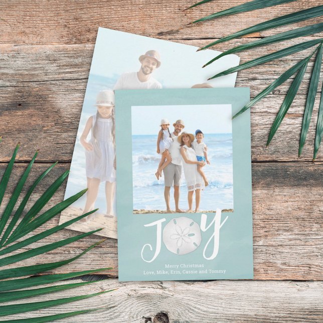Jul Helgdag Joy Simple Trendig Beach 2 Photo Julkort (Christmas Holiday Joy Creative Typography Beach Photo Card with a two-photo template.)