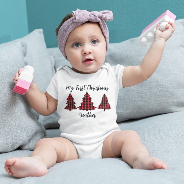 Jul Helgdag min första Buffalo-kontroll T Shirt (Custom my first Christmas baby body suit with buffalo check Christmas trees. )