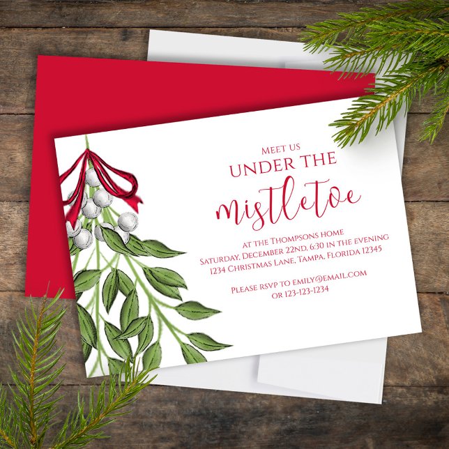 Jul Helgdag Mistletoe Social Media QR-kod Inbjudningar (Christmas holiday Meet me under the Mistletoe holiday invitation.)