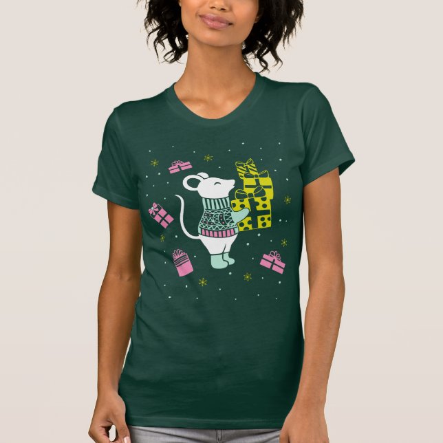 Jul Helgdag Mouse med Presenter Illustration T Shirt (Framsida)