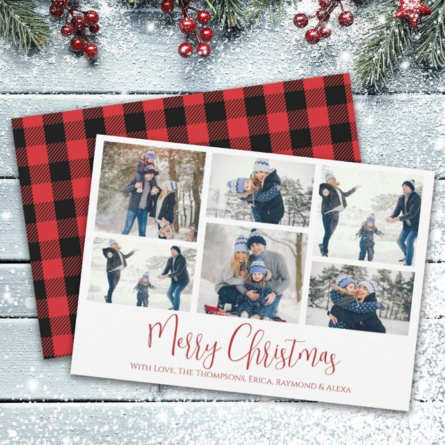 Jul Helgdag Multi 6 Photo Buffalo Play Julkort (Merry Christmas red and black buffalo check multi-photo greeting card. )