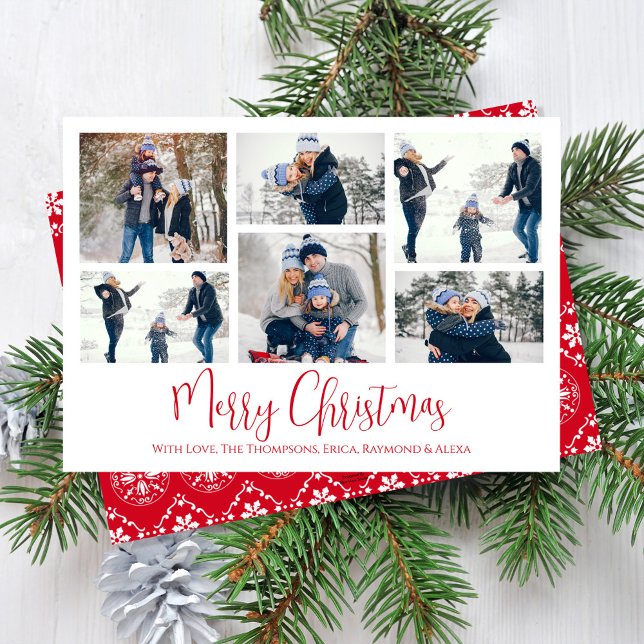 Jul Helgdag Multi 6 Photo Red Snowflake Julkort (Merry Christmas cute calligraphy script multi photo card with red snowflake pattern. )