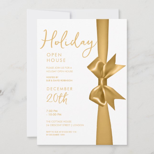Jul Helgdag Open House Guld Ribbon Inbjudningar (Framsida)