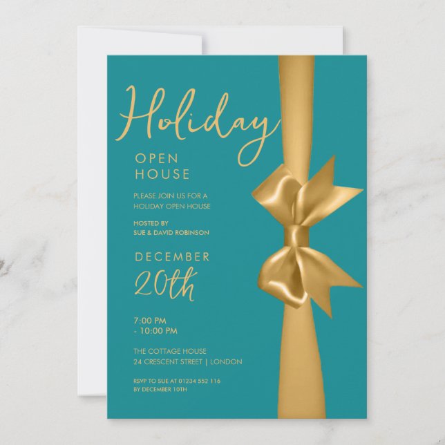 Jul Helgdag Open House Guld Ribbon Teal Inbjudningar (Framsida)