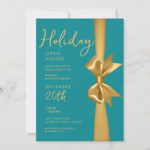 Jul Helgdag Open House Guld Ribbon Teal Inbjudningar