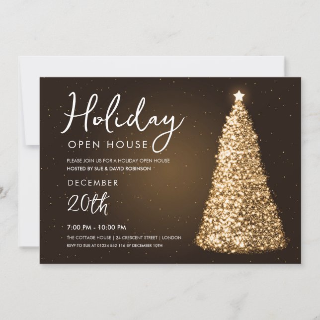 Jul Helgdag Open House Guld Träd Inbjudningar (Framsida)