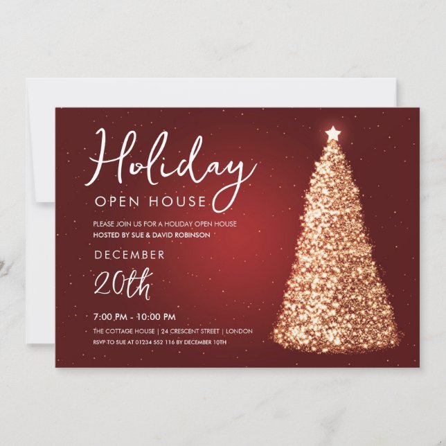Jul Helgdag Open House Guld Träd Red Inbjudningar (Framsida)