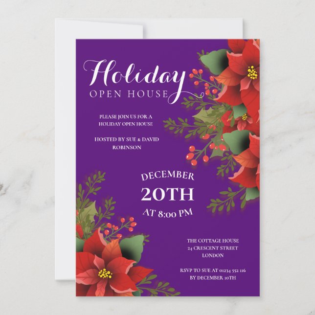 Jul Helgdag Open House Poinsettia Lila Inbjudningar (Framsida)