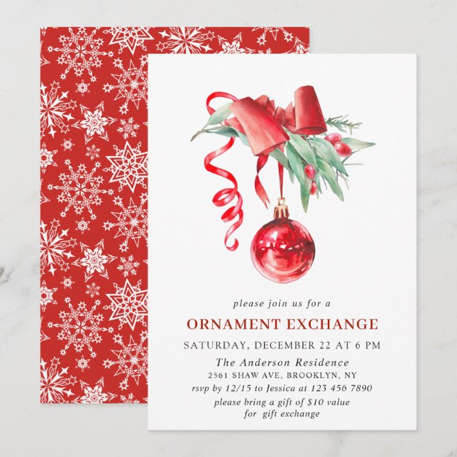 Jul Helgdag Ornament Exchange Party Inbjudningar (Fram/baksida)