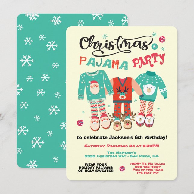 Jul Helgdag Pajama-partiets inbjudan (Fram/baksida)
