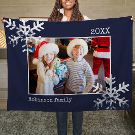Jul Helgdag Photo Snowflake Navy Blue Fleecefilt