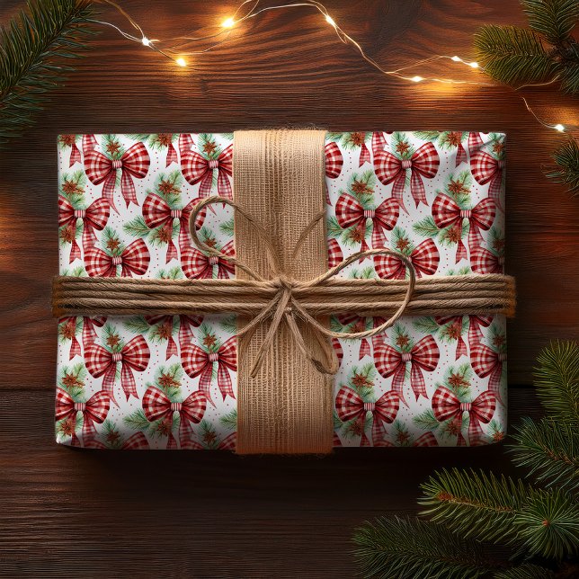 Jul Helgdag Red Gingham Check Bows Presentpapper (Christmas Holiday Red White Gingham Checks Bows with Pine Evergreens and Star Anise Wrapping Paper)