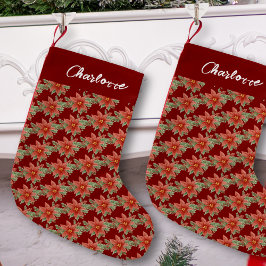 Jul Helgdag Red Poinsettia Blommigt Namn Liten Julstrumpa