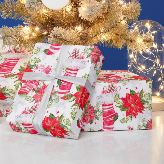 Jul Helgdag Red Winter Stockings Poinsettia Presentpapper (Helgdagar)