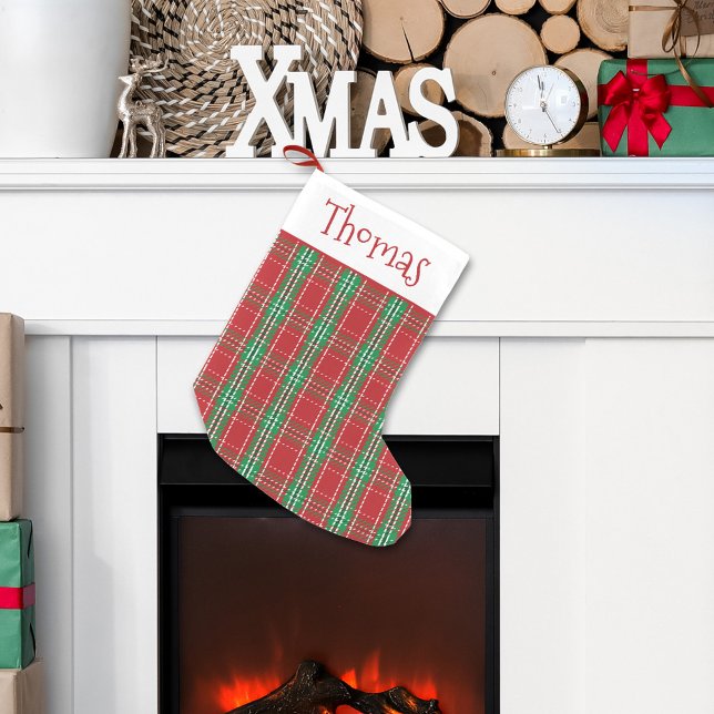 Jul Helgdag Rustic Farmhouse Red Play Liten Julstrumpa (Classic red and green holiday plaid pattern stockings)