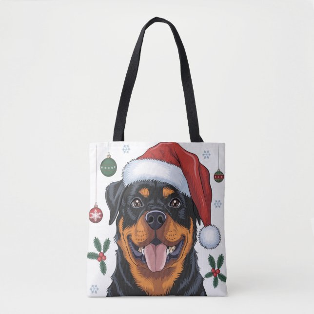 Jul Helgdag Santa Hund Rottweiler Tote Bag Tygkasse (Framsida)