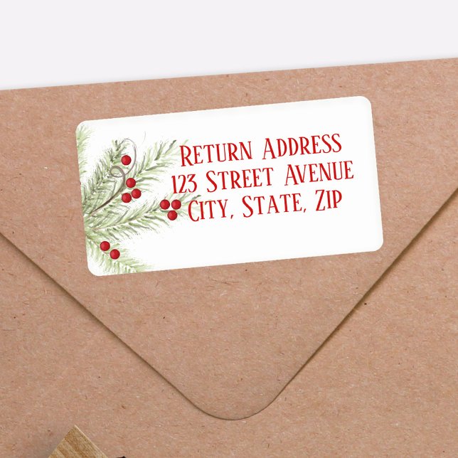 Jul-Helgdag-segeletikett för Gren Adressetikett (Watercolor Holiday Holly Berries Return Address Labels.)