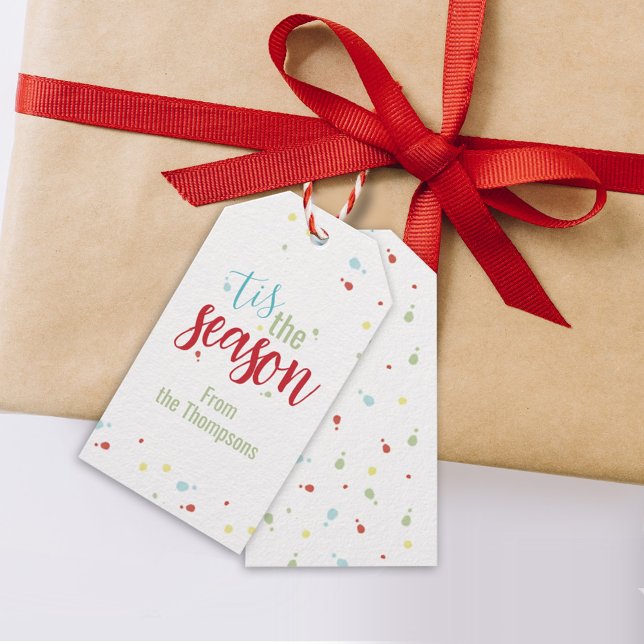 Jul Helgdag Simple Festive Tis the Season Presentetikett (Tis the Season holiday gift tag with whimsical confetti dots. )