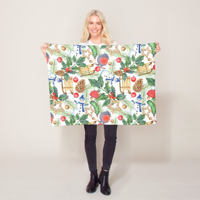 Jul Helgdag Snögubbe, Gräs Cones, Holly Fleecefilt (På plats)