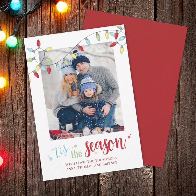 Jul Helgdag String Ljus Tis Season Roligt Julkort (Tis' the Season Holiday photo card template. )